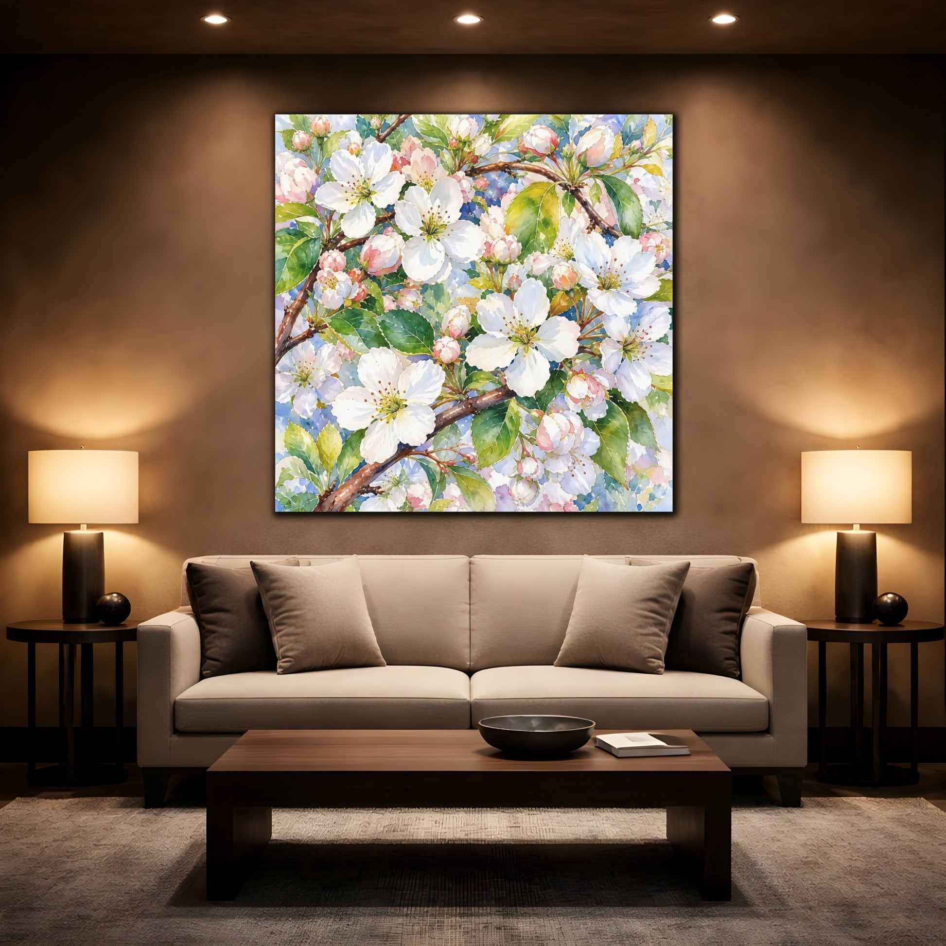 Mockup 2. Floral Apple Blossoms Spring Blossoms shown as stretched canvas wall art