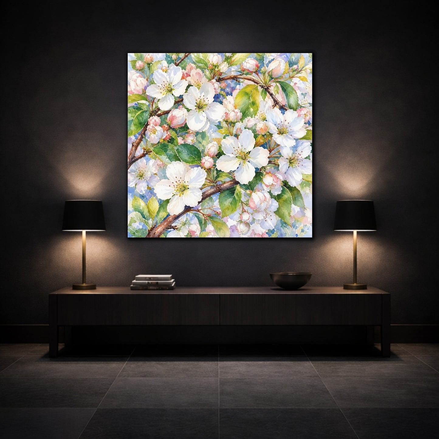 Mockup 3. Floral Apple Blossoms Spring Blossoms shown as stretched canvas wall art