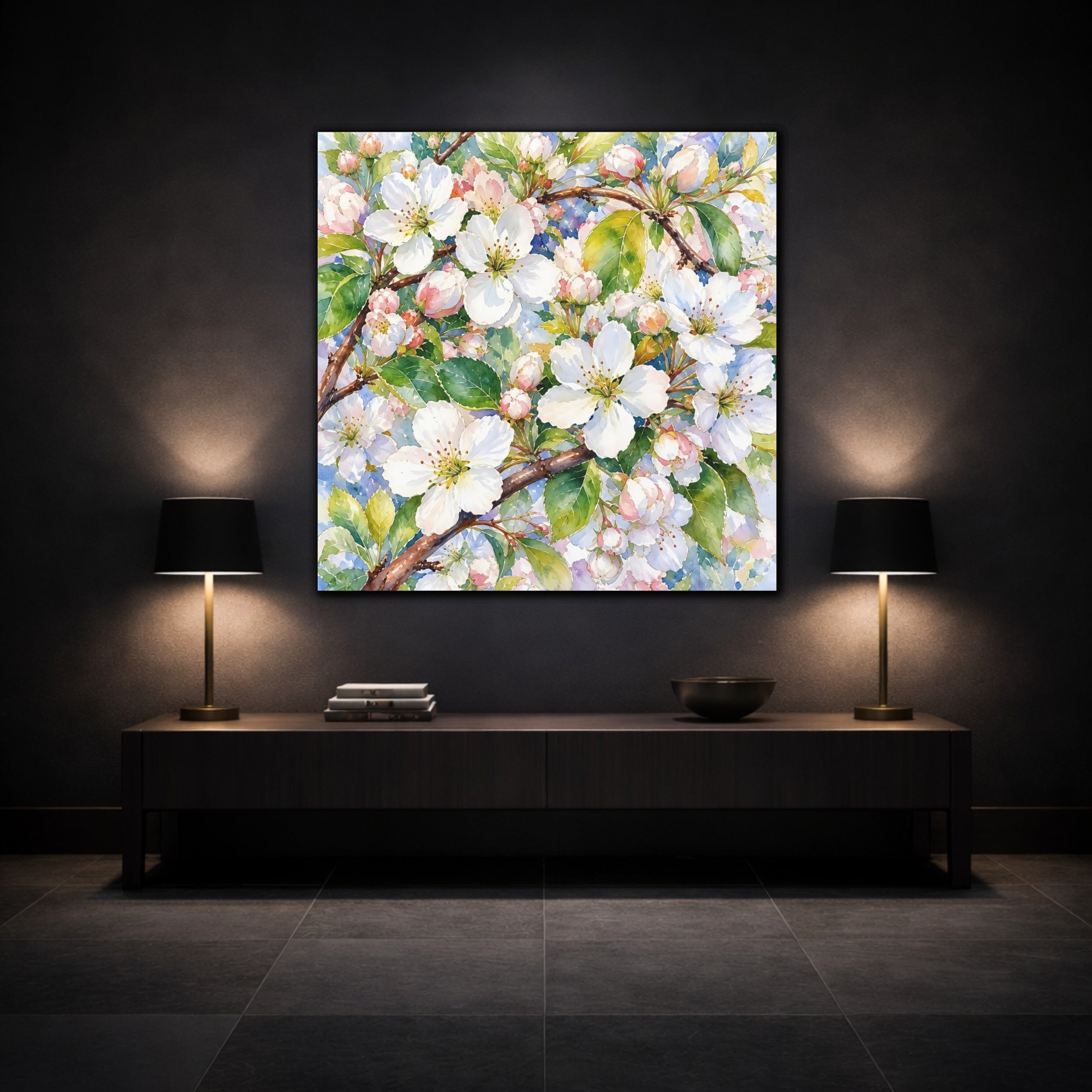 Mockup 3. Floral Apple Blossoms Spring Blossoms shown as stretched canvas wall art