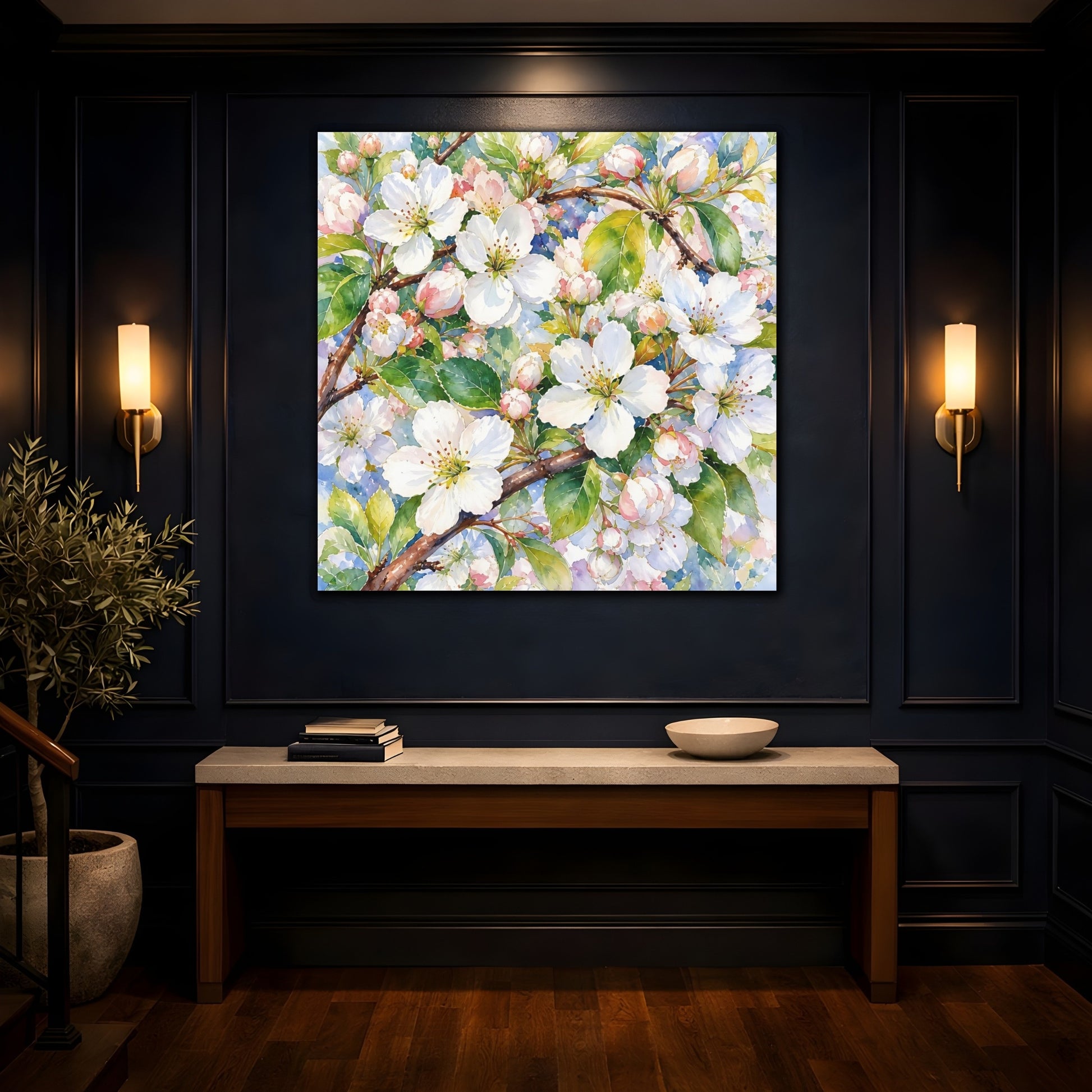 Mockup 4. Floral Apple Blossoms Spring Blossoms shown as stretched canvas wall art