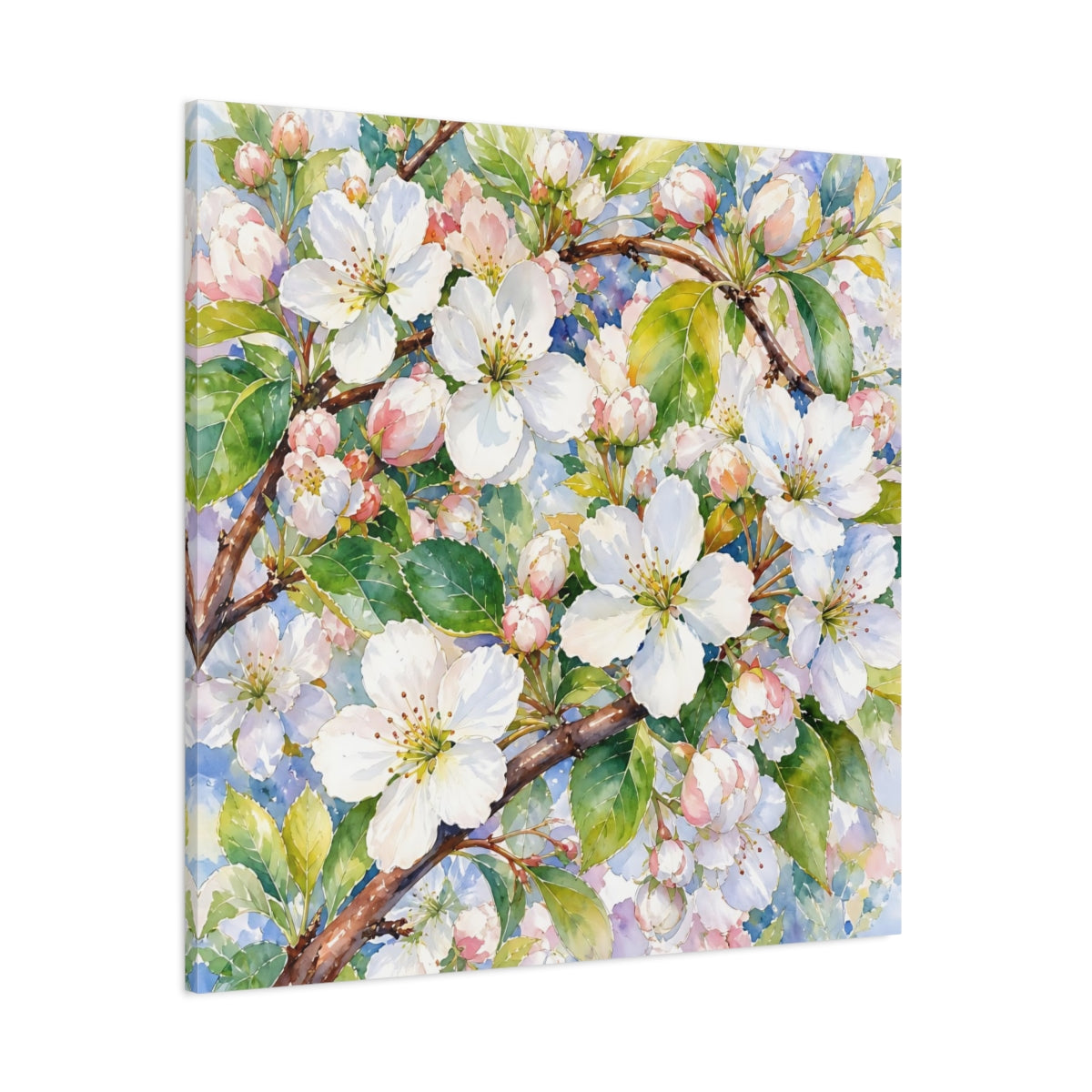 Side Mockup 1. Floral Apple Blossoms Spring Blossoms shown as stretched canvas wall art
