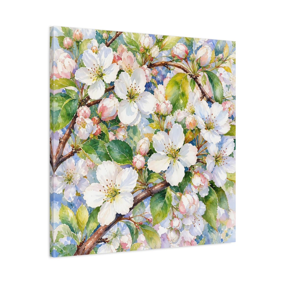 Side Mockup 3. Floral Apple Blossoms Spring Blossoms shown as stretched canvas wall art