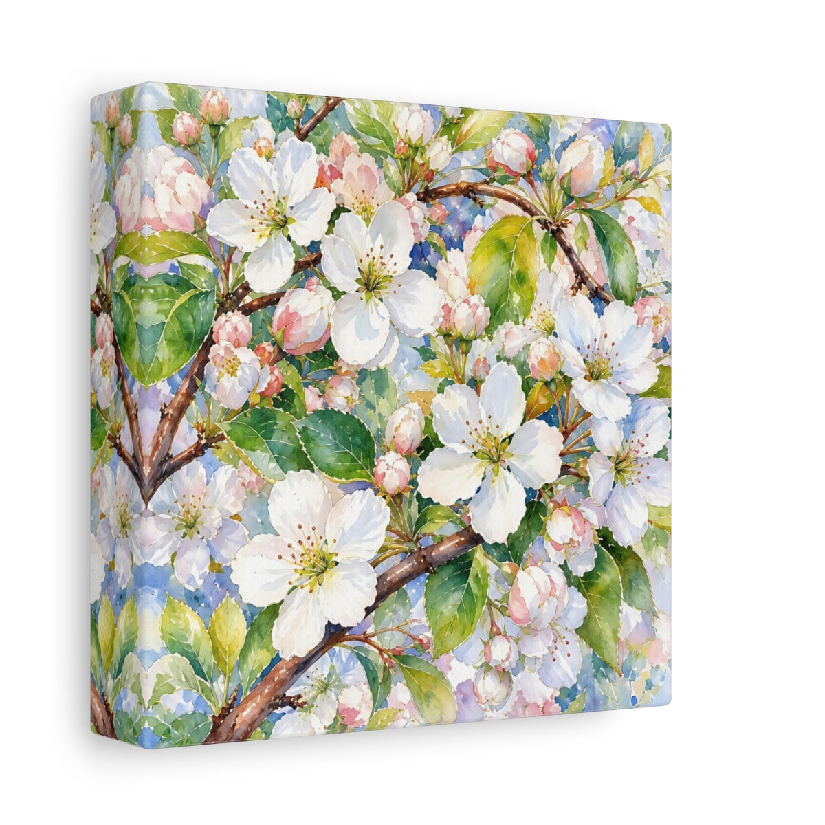 Side Mockup 2. Floral Apple Blossoms Spring Blossoms shown as stretched canvas wall art