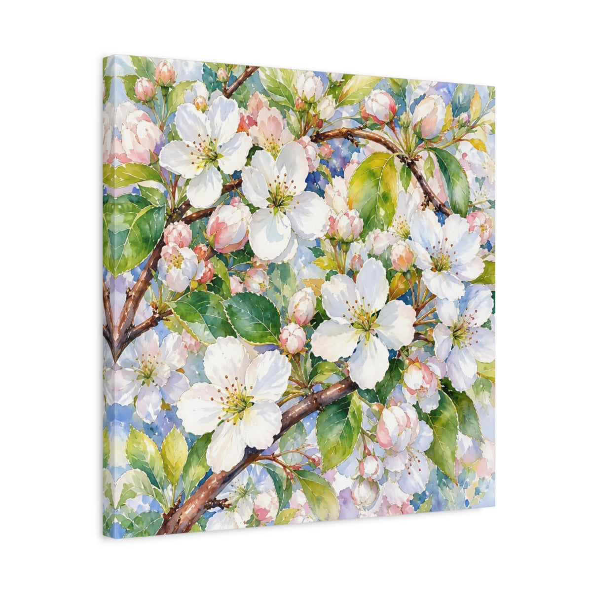 Side Mockup 5. Floral Apple Blossoms Spring Blossoms shown as stretched canvas wall art