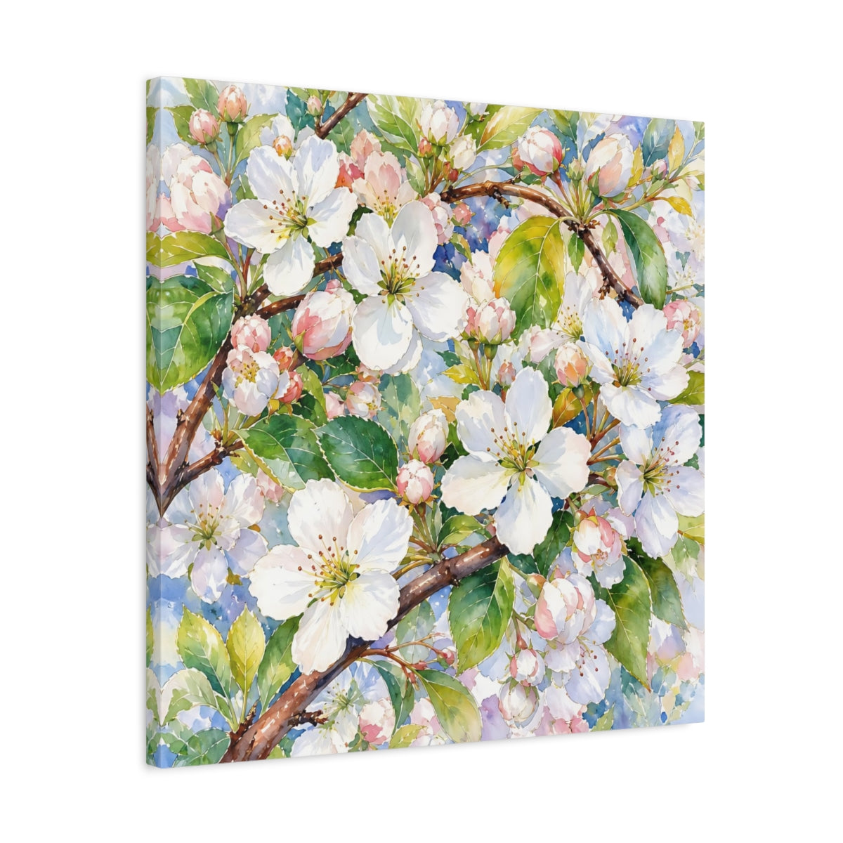 Side Mockup 4. Floral Apple Blossoms Spring Blossoms shown as stretched canvas wall art