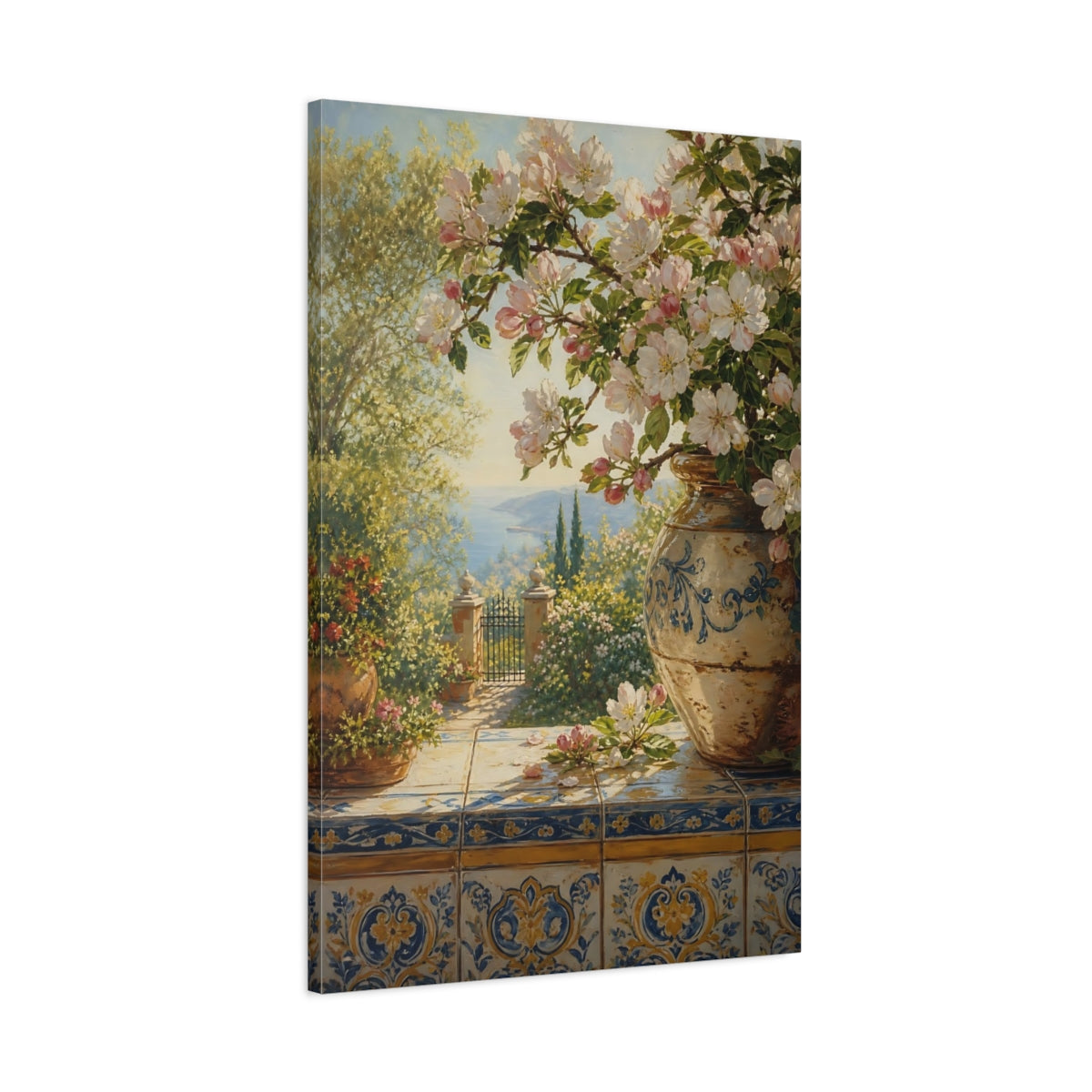 Main Mockup. Floral Apple Blossoms Spring Floral Seascape shown as stretched canvas wall art