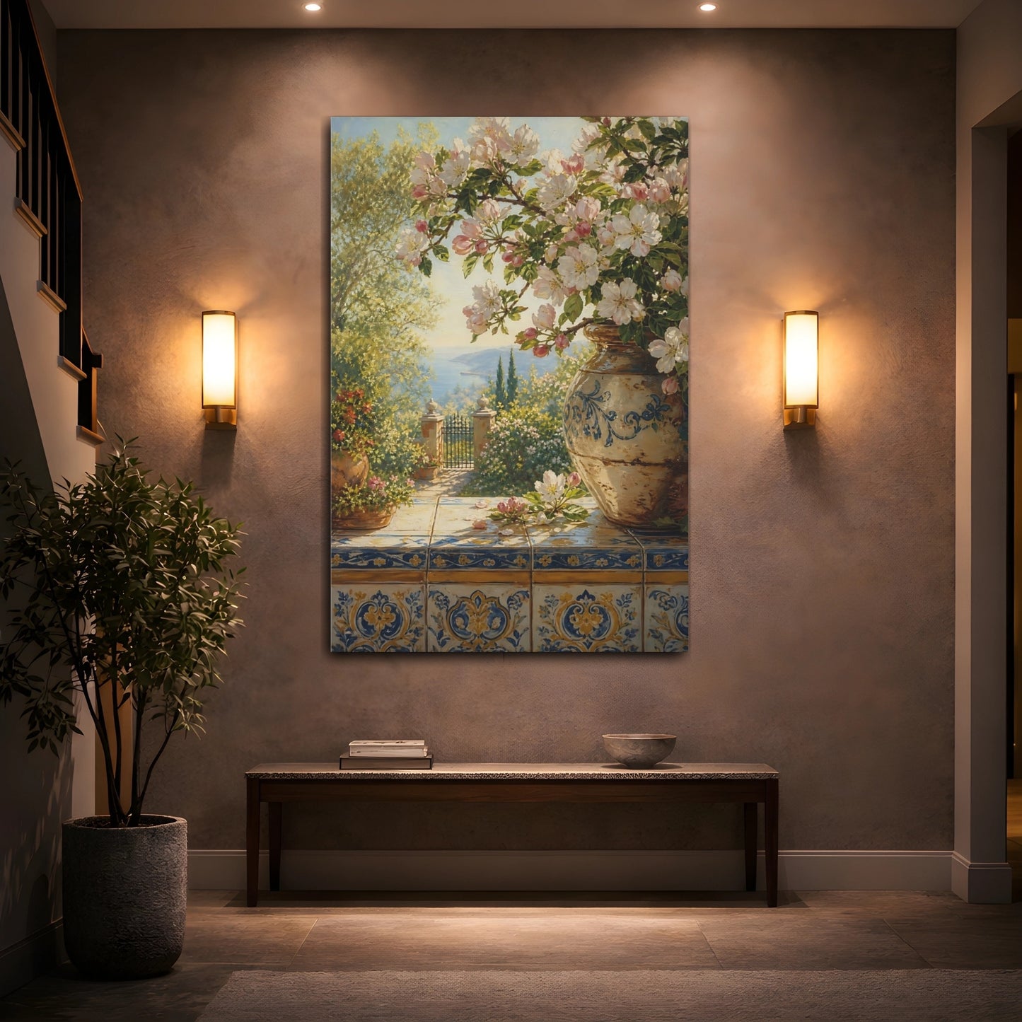 Mockup 2. Floral Apple Blossoms Spring Floral Seascape shown as stretched canvas wall art
