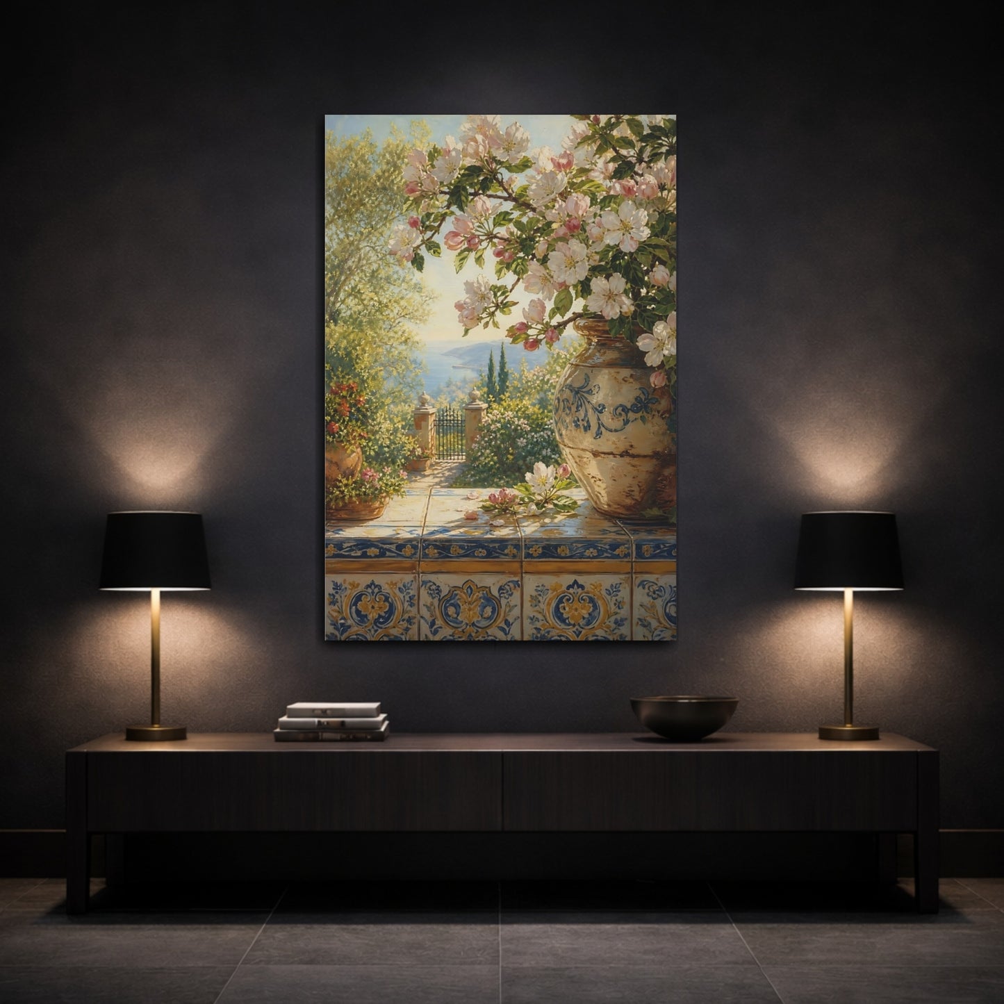 Mockup 3. Floral Apple Blossoms Spring Floral Seascape shown as stretched canvas wall art