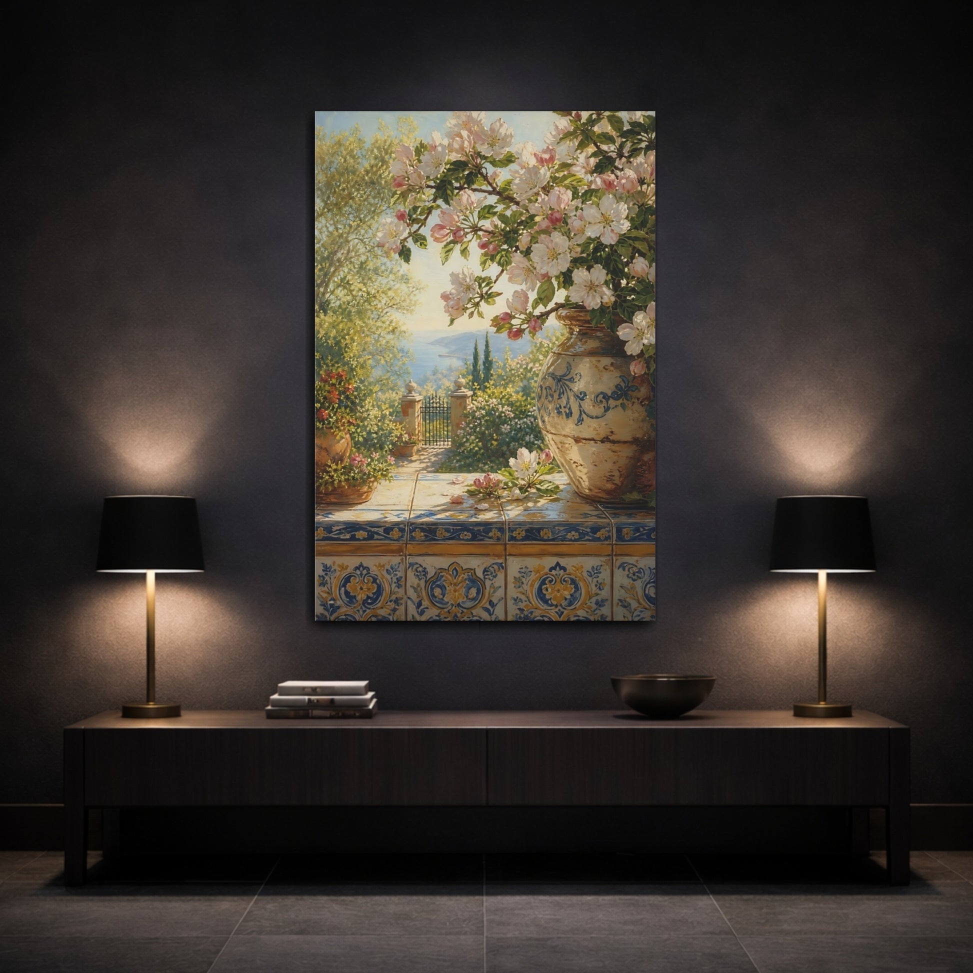Mockup 3. Floral Apple Blossoms Spring Floral Seascape shown as stretched canvas wall art