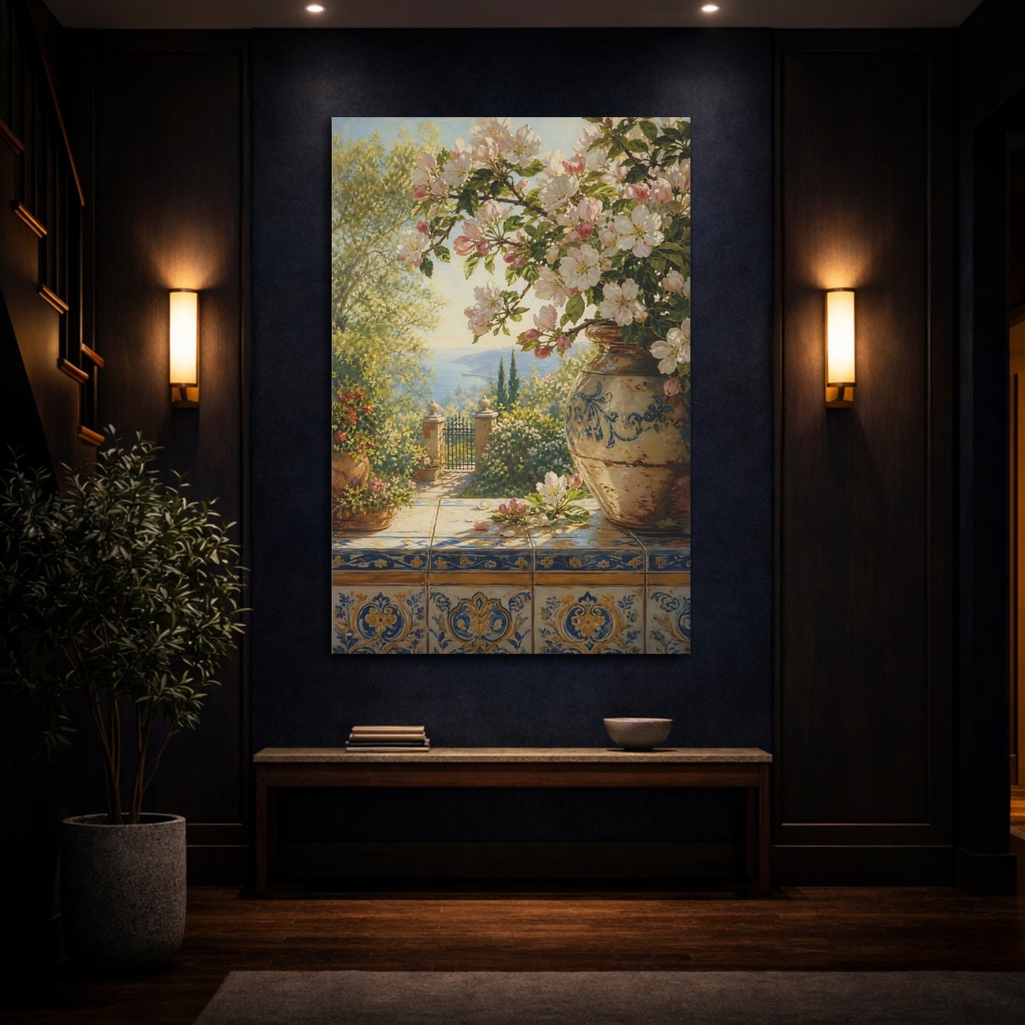 Mockup 4. Floral Apple Blossoms Spring Floral Seascape shown as stretched canvas wall art