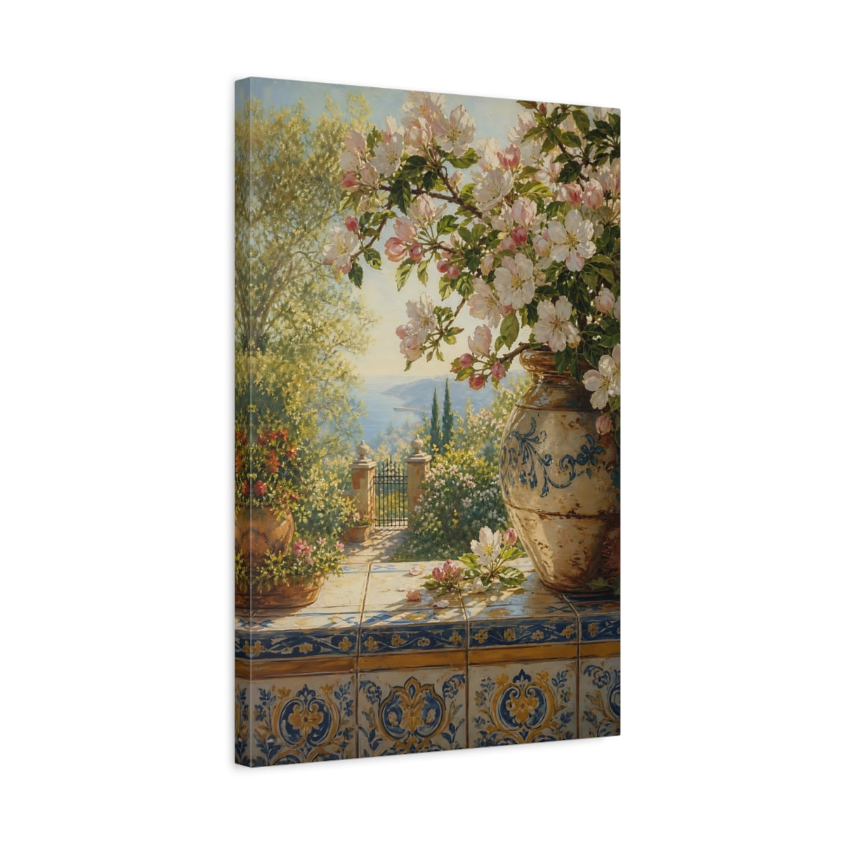 Side Mockup 3. Floral Apple Blossoms Spring Floral Seascape shown as stretched canvas wall art
