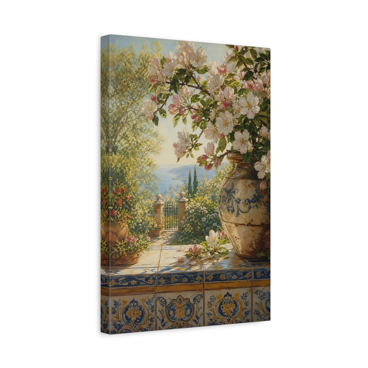 Side Mockup 4. Floral Apple Blossoms Spring Floral Seascape shown as stretched canvas wall art