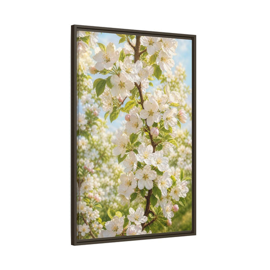 Main Mockup. Floral Apple Blossoms White And Green Blossoms shown as stretched canvas wall art
