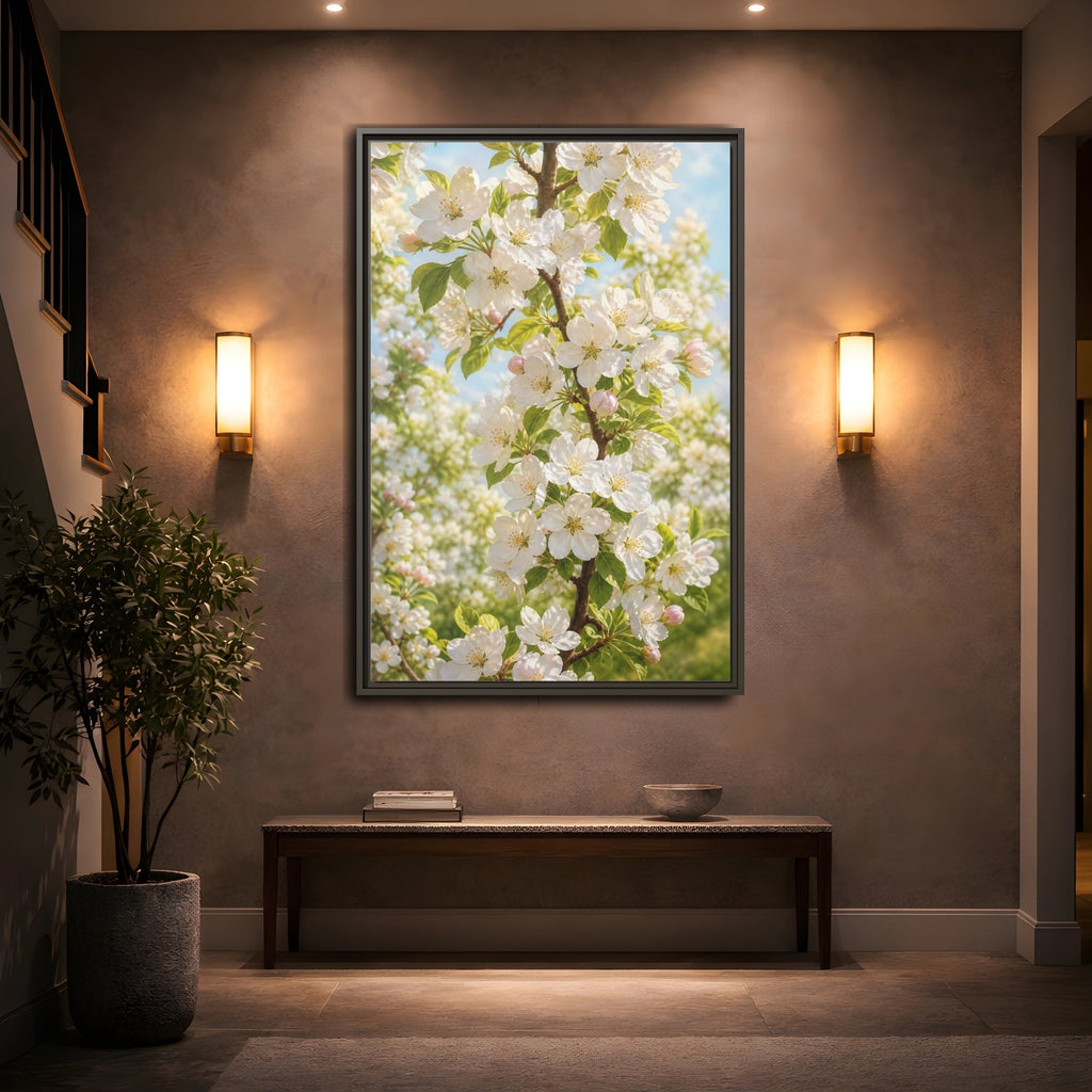Mockup 2. Floral Apple Blossoms White And Green Blossoms shown as stretched canvas wall art
