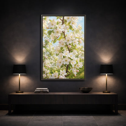 Mockup 3. Floral Apple Blossoms White And Green Blossoms shown as stretched canvas wall art
