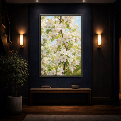 Mockup 4. Floral Apple Blossoms White And Green Blossoms shown as stretched canvas wall art