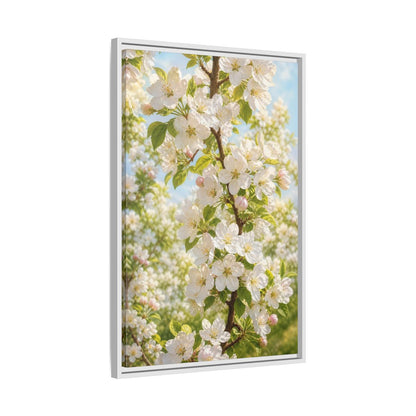 Side Mockup 10. Floral Apple Blossoms White And Green Blossoms shown as stretched canvas wall art