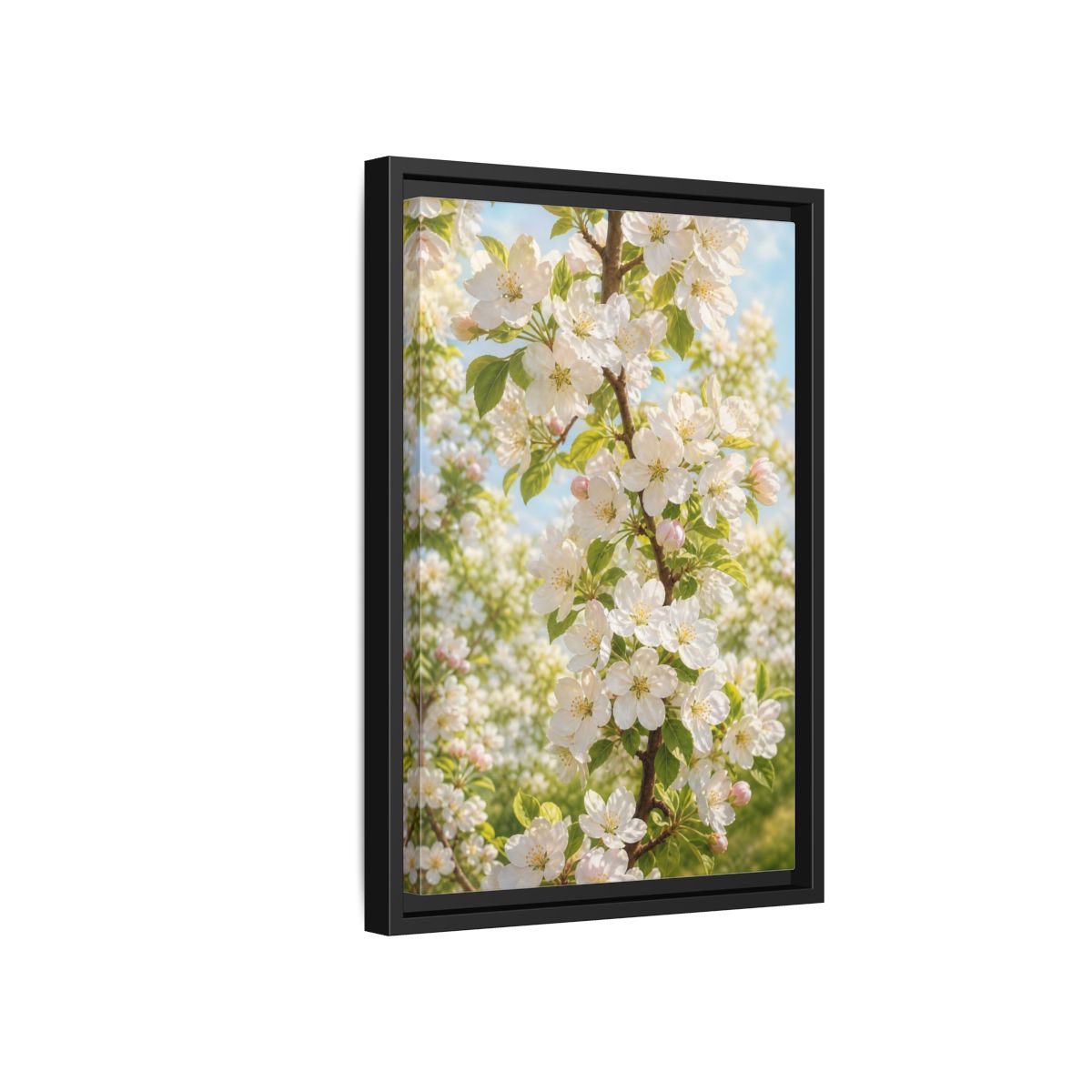 Side Mockup 6. Floral Apple Blossoms White And Green Blossoms shown as stretched canvas wall art