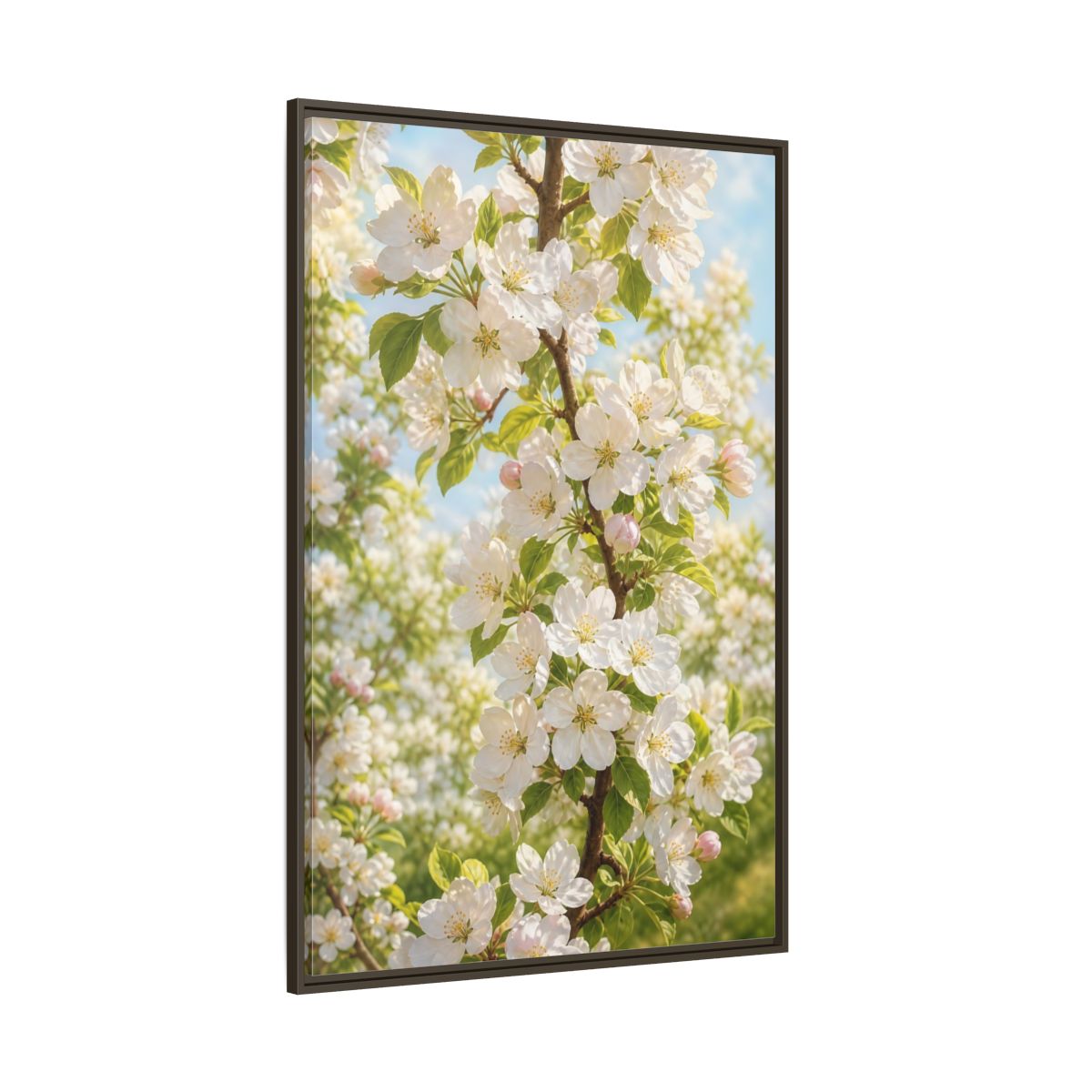 Side Mockup 8. Floral Apple Blossoms White And Green Blossoms shown as stretched canvas wall art