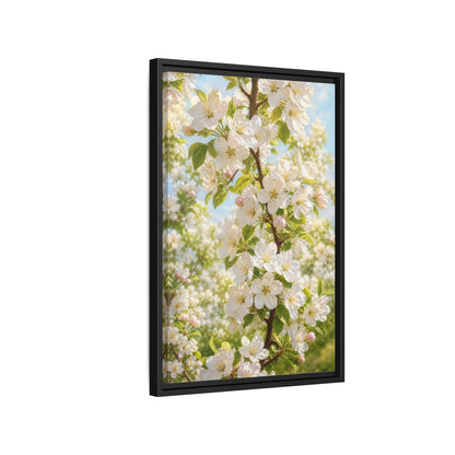 Side Mockup 3. Floral Apple Blossoms White And Green Blossoms shown as stretched canvas wall art