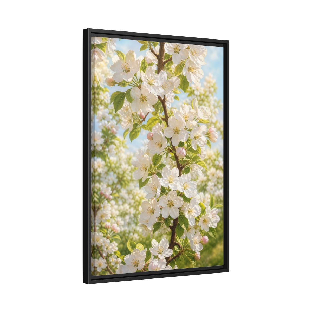 Side Mockup 14. Floral Apple Blossoms White And Green Blossoms shown as stretched canvas wall art