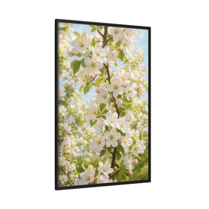 Side Mockup 12. Floral Apple Blossoms White And Green Blossoms shown as stretched canvas wall art