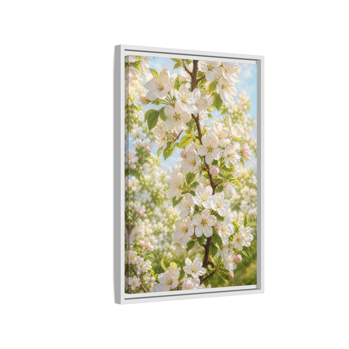 Side Mockup 1. Floral Apple Blossoms White And Green Blossoms shown as stretched canvas wall art