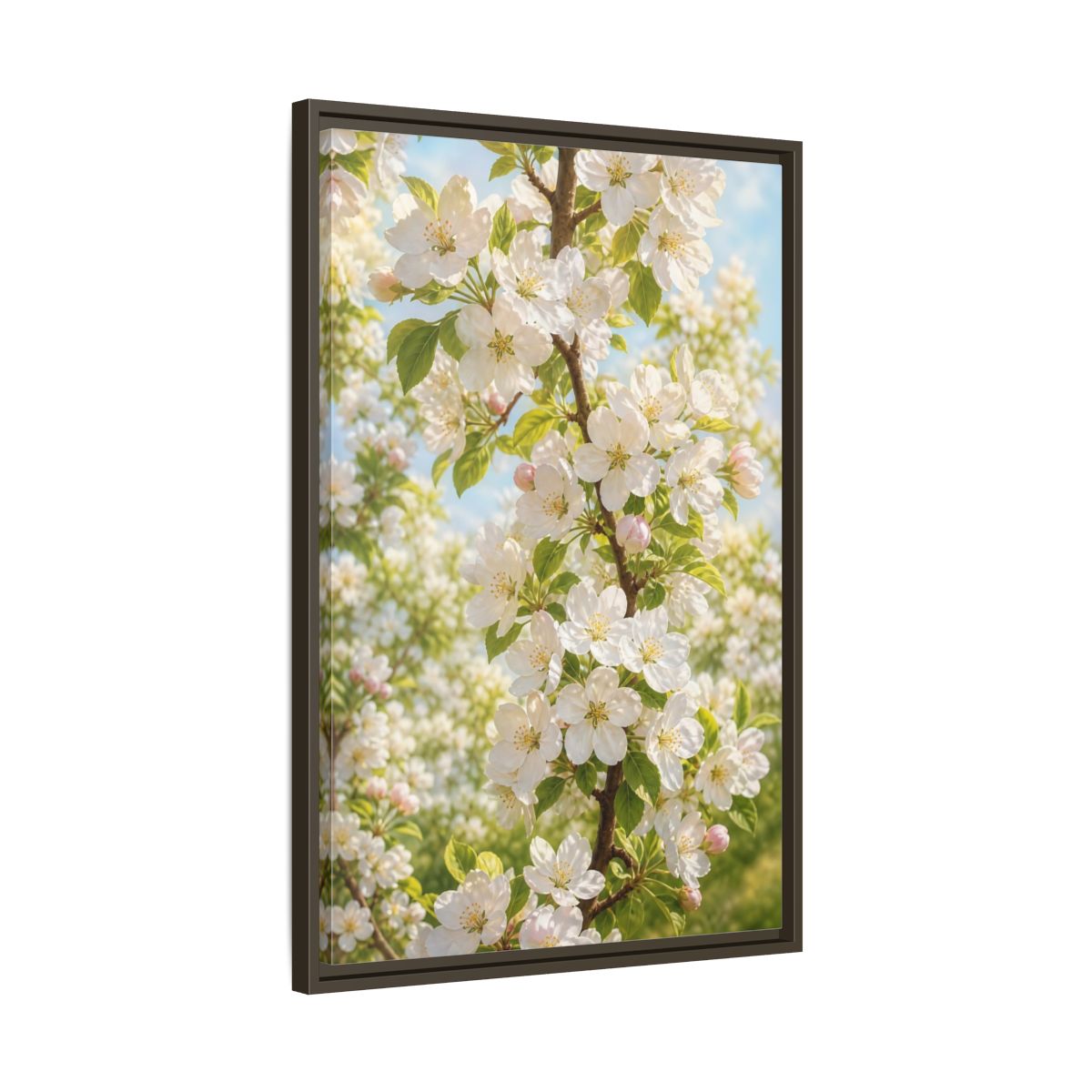 Side Mockup 11. Floral Apple Blossoms White And Green Blossoms shown as stretched canvas wall art