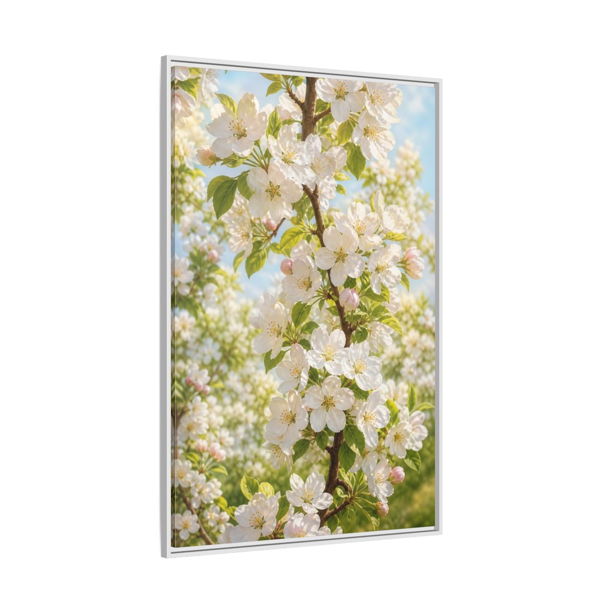 Side Mockup 7. Floral Apple Blossoms White And Green Blossoms shown as stretched canvas wall art