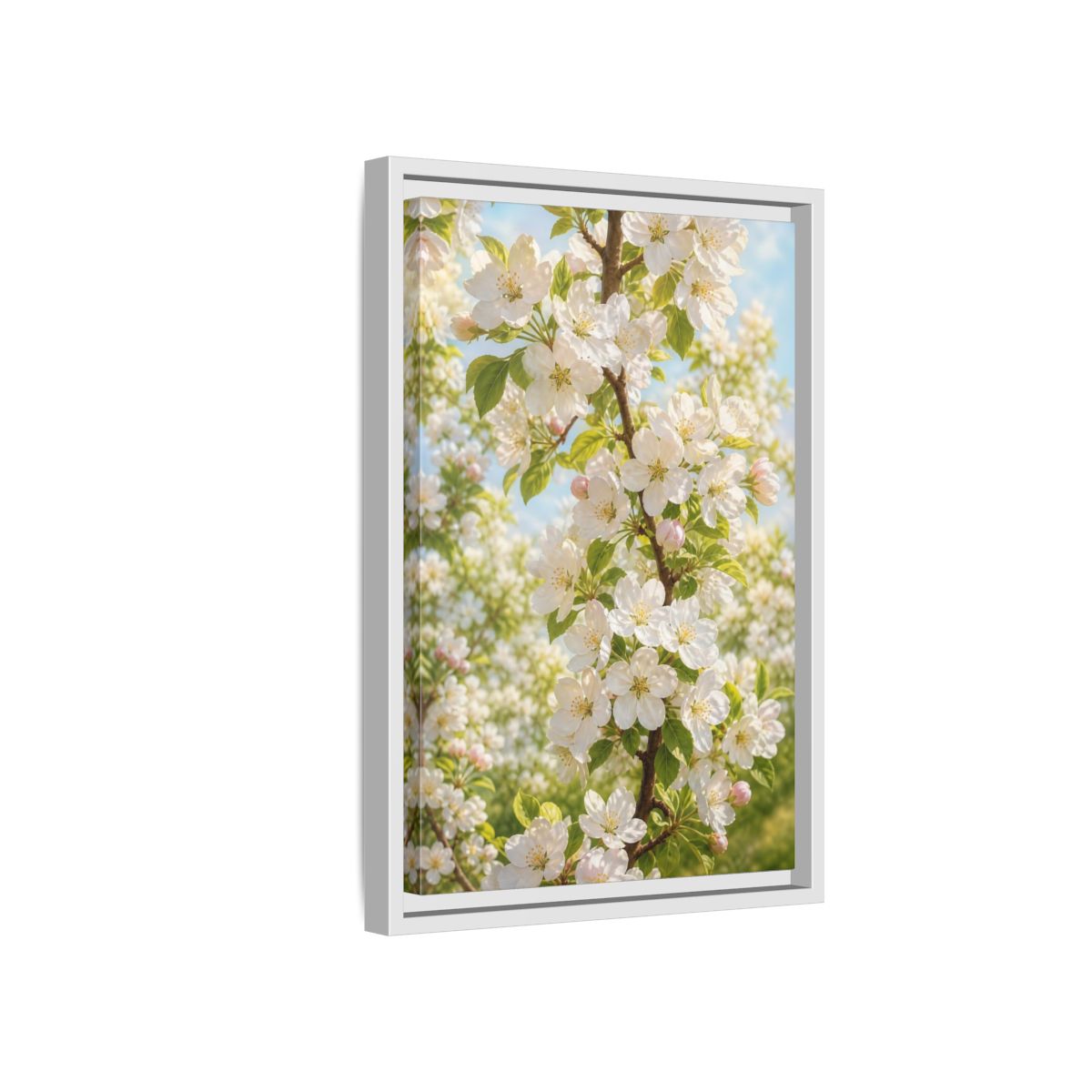 Side Mockup 4. Floral Apple Blossoms White And Green Blossoms shown as stretched canvas wall art