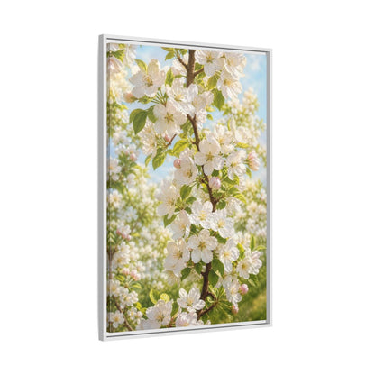 Side Mockup 9. Floral Apple Blossoms White And Green Blossoms shown as stretched canvas wall art
