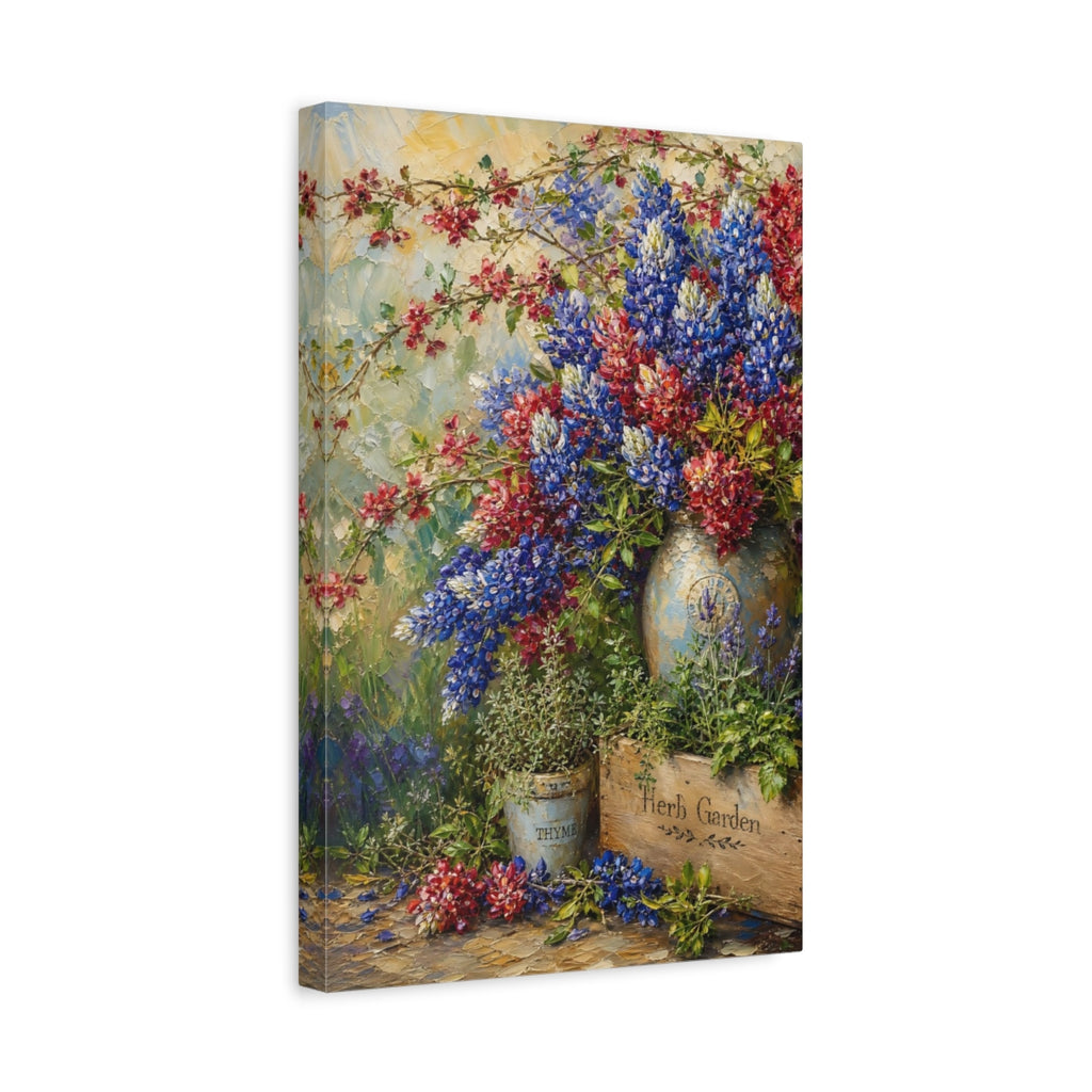 Side Mockup 4. Floral Floral Arrangement Blue Red Flowers shown as stretched canvas wall art