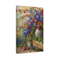 Side Mockup 4. Floral Floral Arrangement Blue Red Flowers shown as stretched canvas wall art