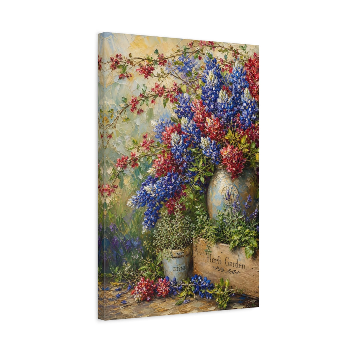 Side Mockup 3. Floral Floral Arrangement Blue Red Flowers shown as stretched canvas wall art