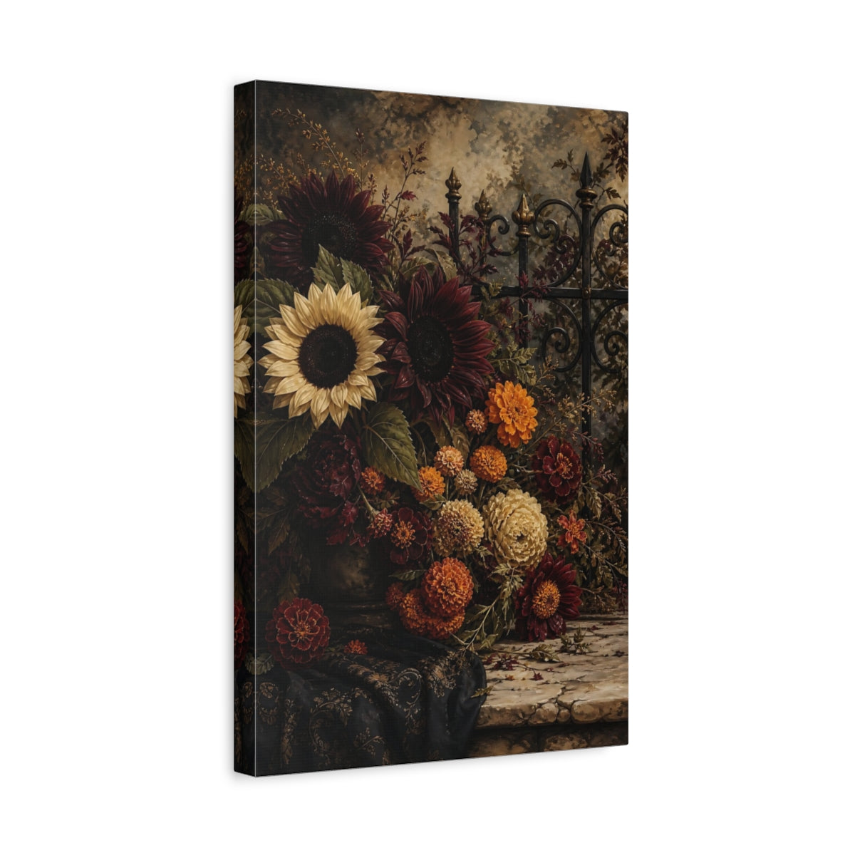 Side Mockup 4. Floral Floral Arrangement Dark Floral shown as stretched canvas wall art