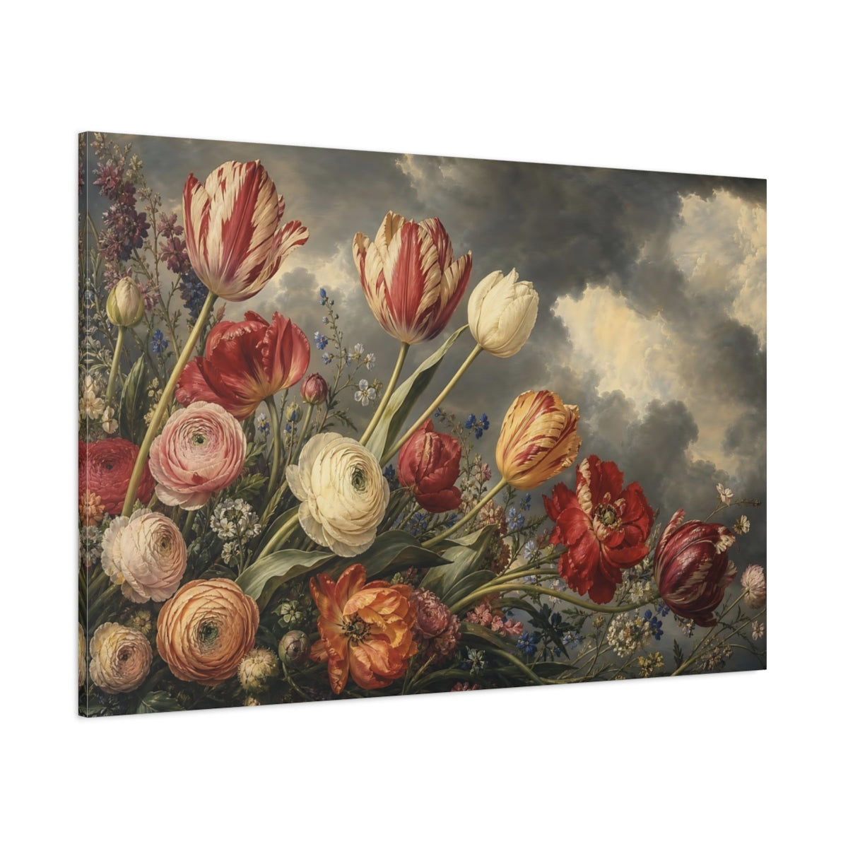 Side Mockup 1. Floral Floral Arrangement Dramatic Floral shown as stretched canvas wall art