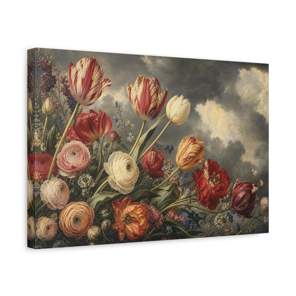Side Mockup 4. Floral Floral Arrangement Dramatic Floral shown as stretched canvas wall art