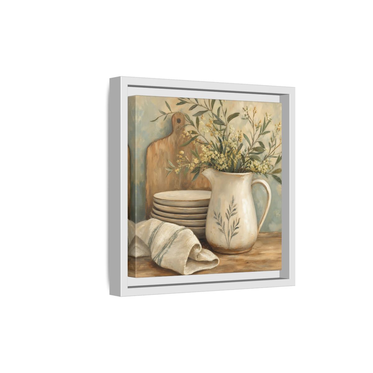 Side Mockup 19. Floral Floral Arrangement Neutral Floral Still Life shown as stretched canvas wall art