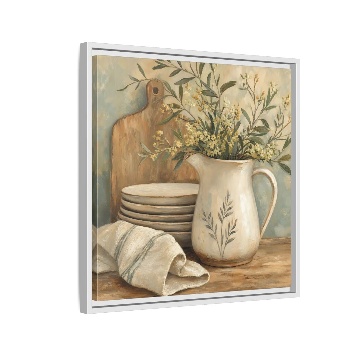 Side Mockup 10. Floral Floral Arrangement Neutral Floral Still Life shown as stretched canvas wall art