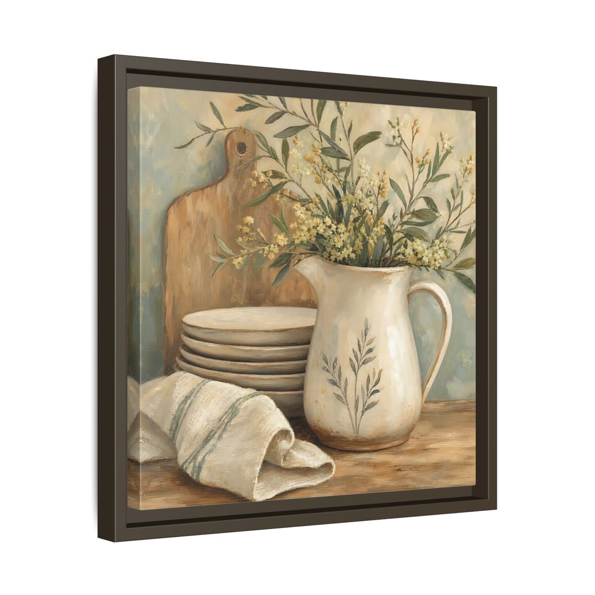 Side Mockup 29. Floral Floral Arrangement Neutral Floral Still Life shown as stretched canvas wall art