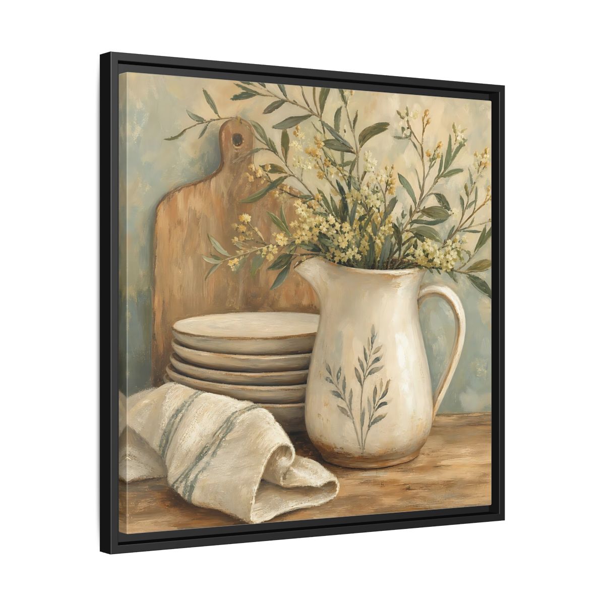 Side Mockup 31. Floral Floral Arrangement Neutral Floral Still Life shown as stretched canvas wall art