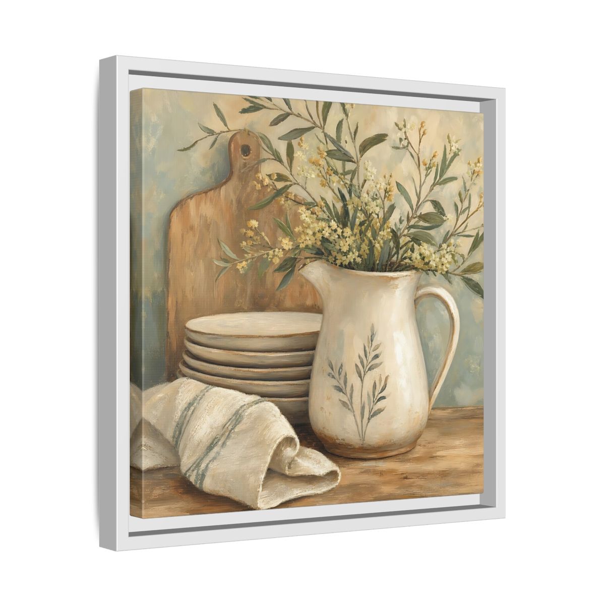 Side Mockup 28. Floral Floral Arrangement Neutral Floral Still Life shown as stretched canvas wall art