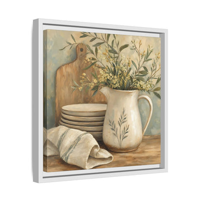 Side Mockup 28. Floral Floral Arrangement Neutral Floral Still Life shown as stretched canvas wall art