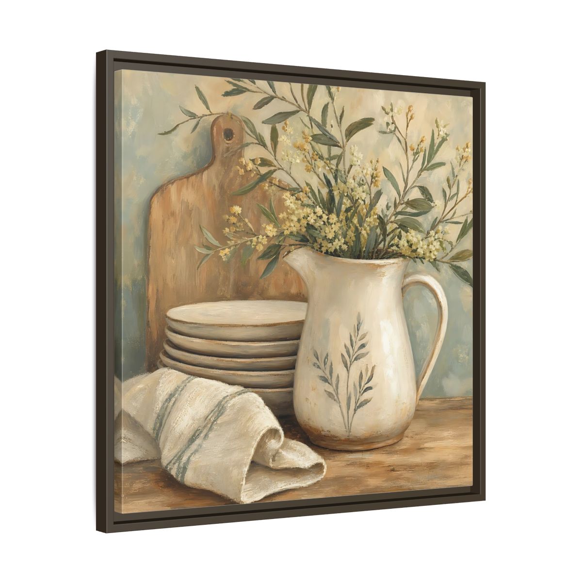 Side Mockup 27. Floral Floral Arrangement Neutral Floral Still Life shown as stretched canvas wall art
