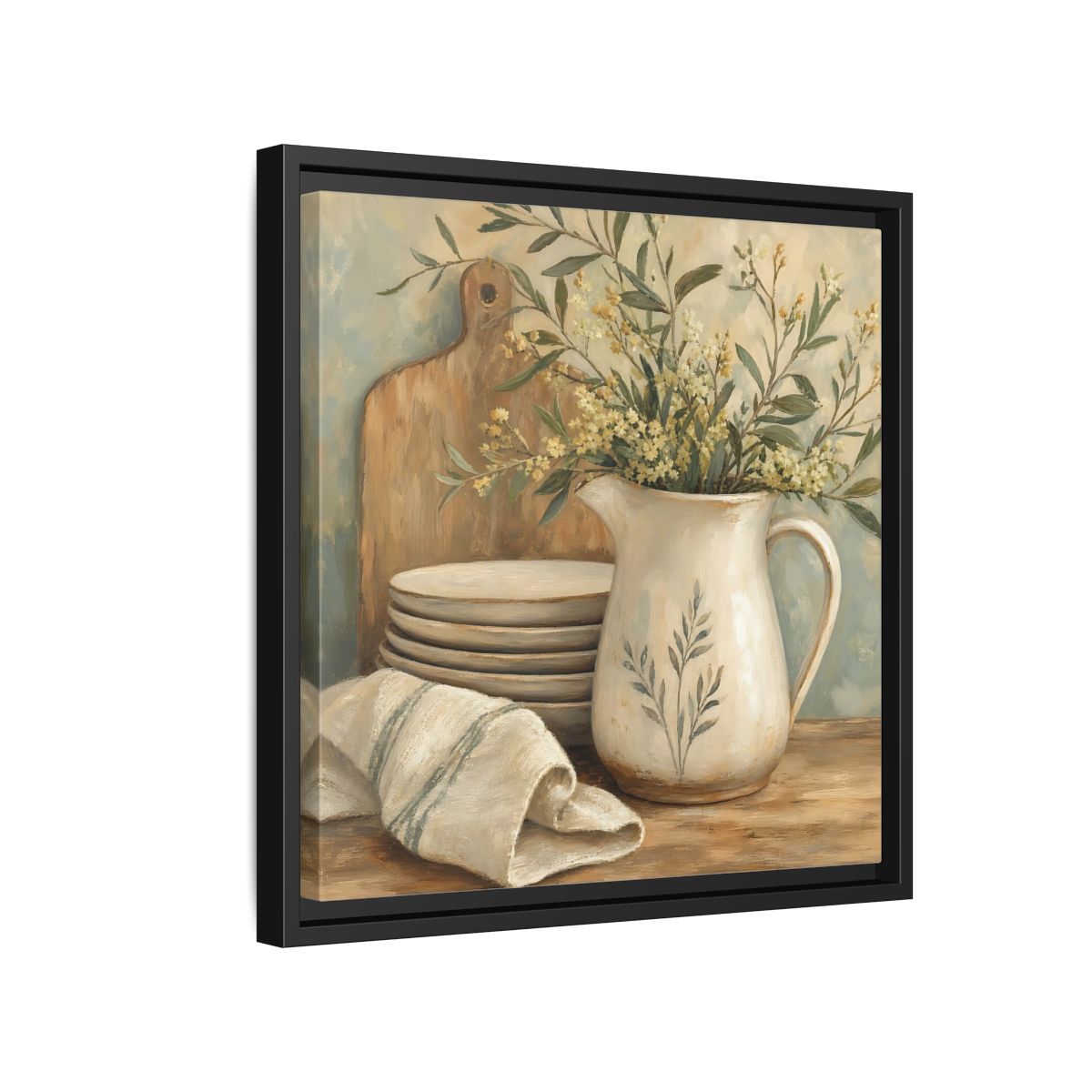 Side Mockup 15. Floral Floral Arrangement Neutral Floral Still Life shown as stretched canvas wall art