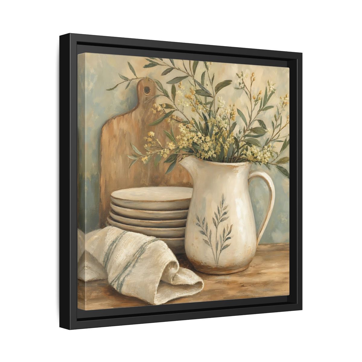 Side Mockup 32. Floral Floral Arrangement Neutral Floral Still Life shown as stretched canvas wall art