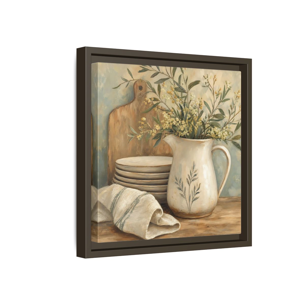 Side Mockup 17. Floral Floral Arrangement Neutral Floral Still Life shown as stretched canvas wall art