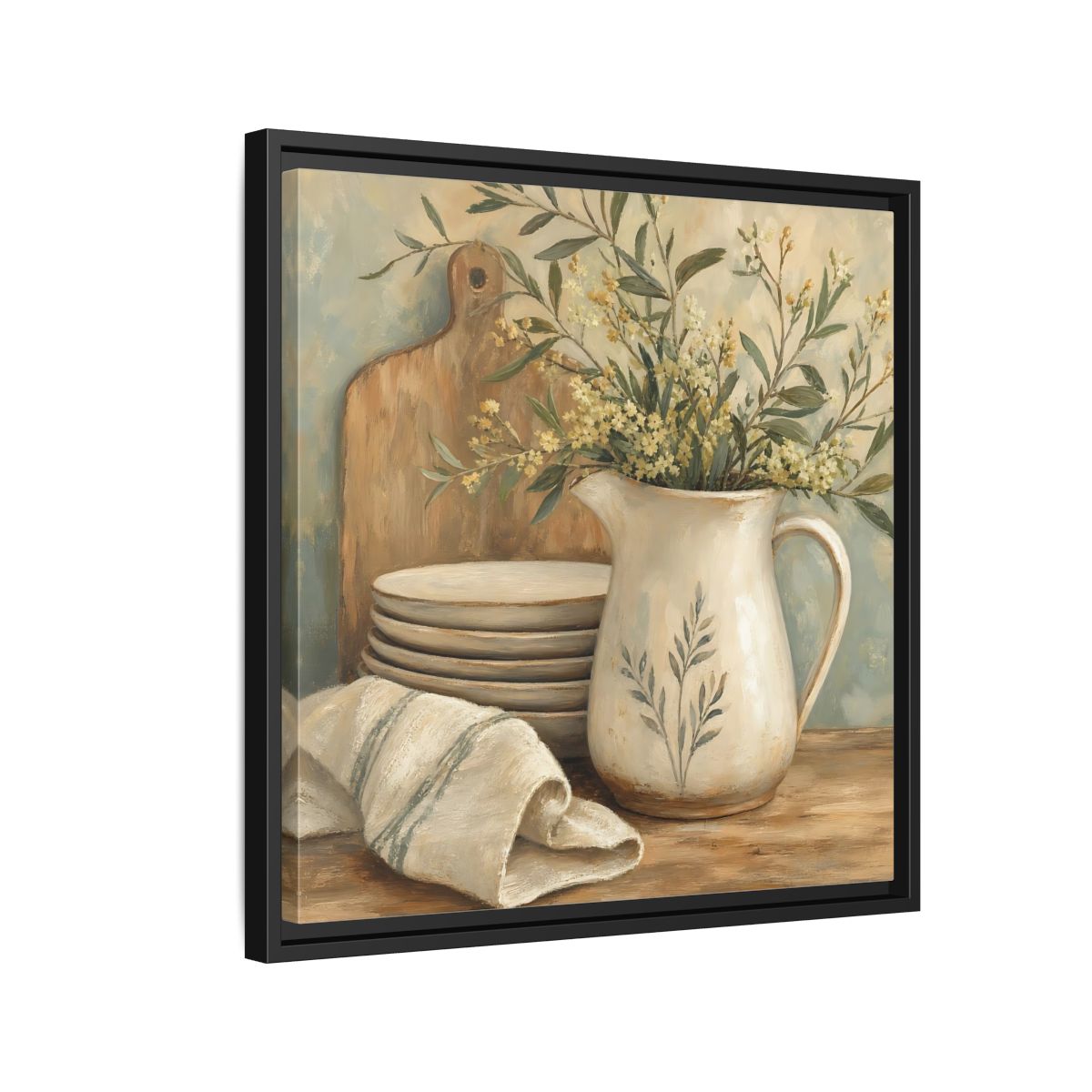 Side Mockup 12. Floral Floral Arrangement Neutral Floral Still Life shown as stretched canvas wall art