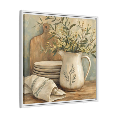 Side Mockup 26. Floral Floral Arrangement Neutral Floral Still Life shown as stretched canvas wall art