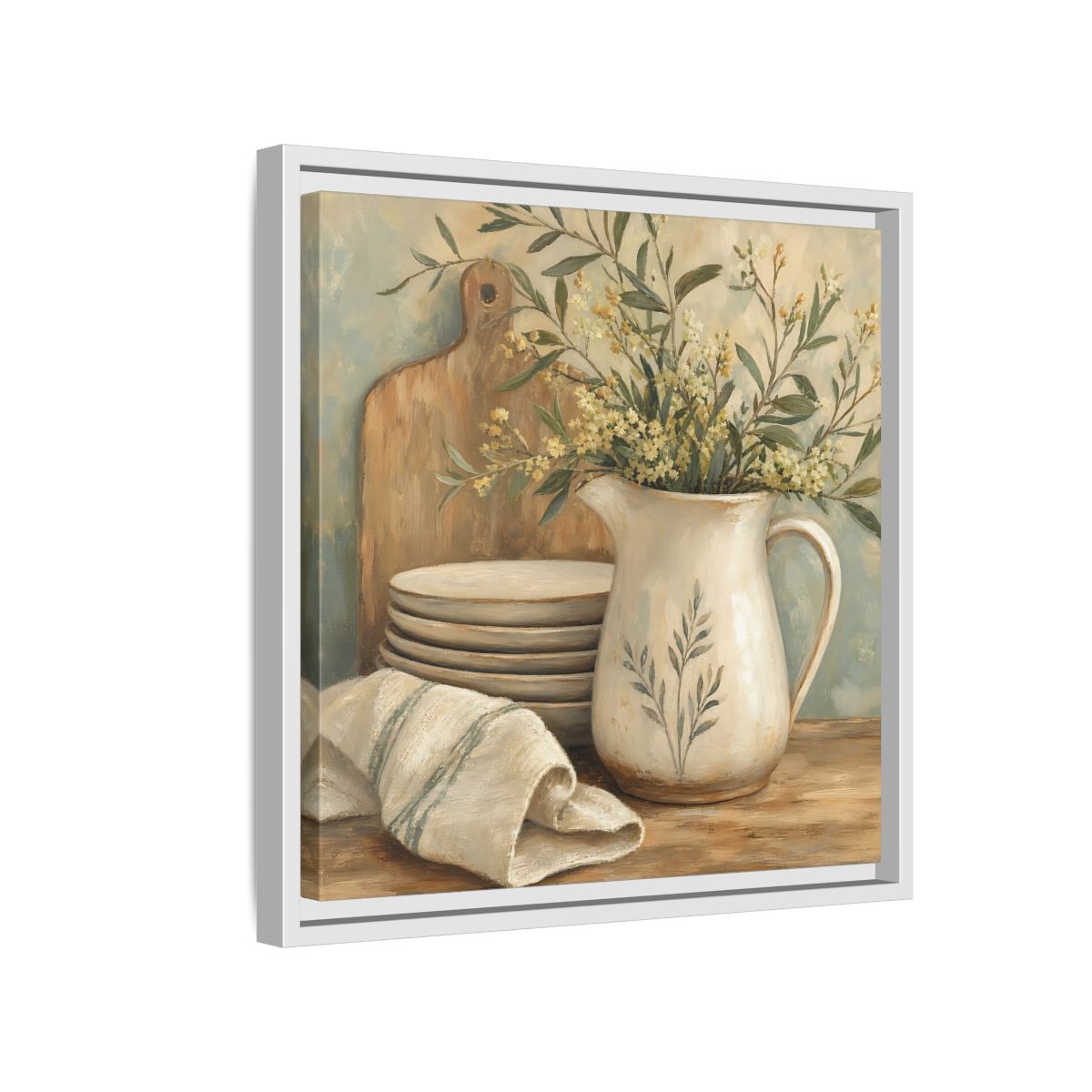 Side Mockup 13. Floral Floral Arrangement Neutral Floral Still Life shown as stretched canvas wall art